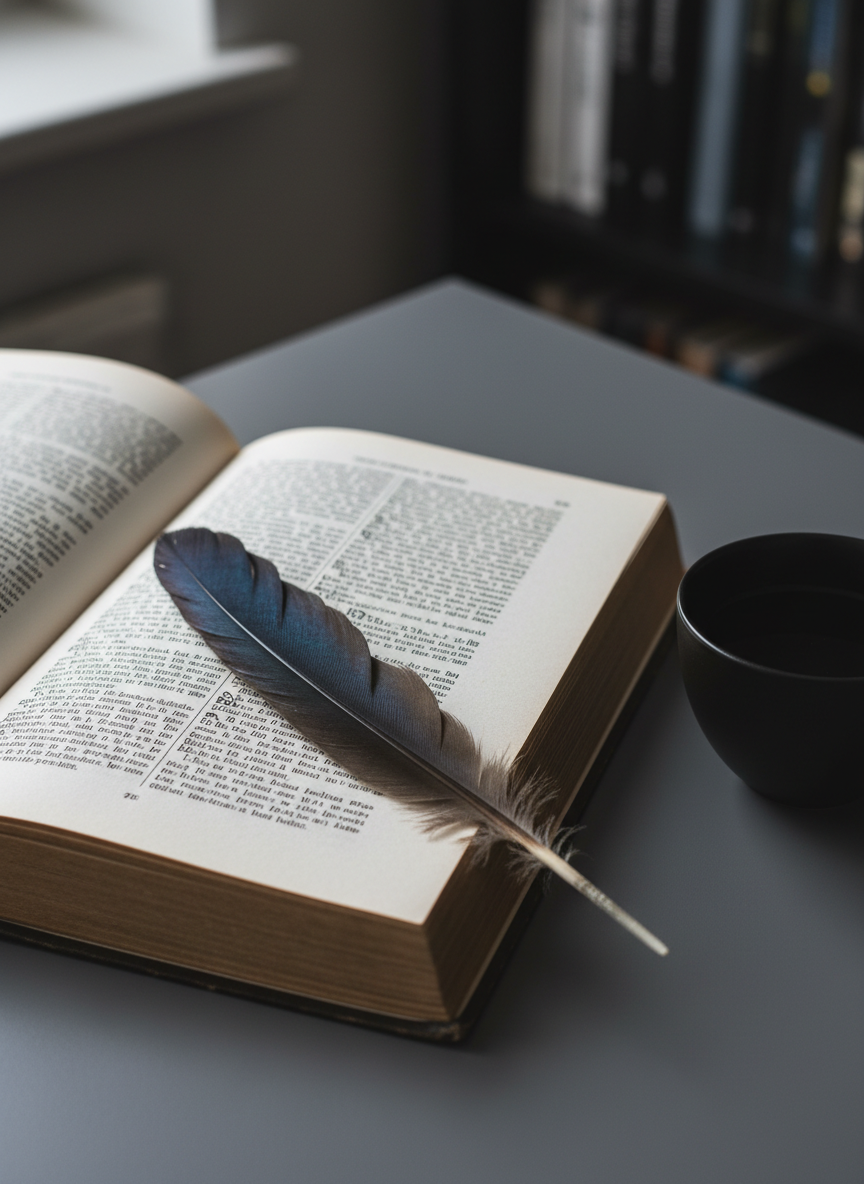 A single black swan feather, glossy and ink-dark with subtle iridescent blue and violet highlights, lies across the open pages of a hardback book filled with dense Dutch text. The book rests on a matte charcoal desk beside a minimalist black porcelain cup of untouched tea. Cool, diffused window light falls from the left, catching the feather’s fine barbs and the slight deckle of the paper, while the background melts into a soft blur of abstract bookshelves. Photographic realism, eye-level composition with shallow depth of field, creating a sophisticated, contemplative mood that suggests quiet, unexpected stories waiting to unfold.