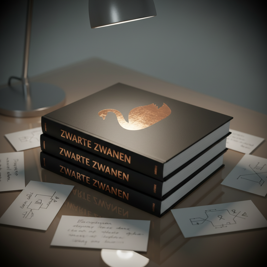 A stack of three elegantly designed books titled “Zwarte Zwanen” in Dutch, each with a matte black cover interrupted by a single metallic copper swan silhouette, stands neatly on a smoked-glass table. Around them, scattered index cards show cryptic handwritten story ideas and futuristic symbols, all slightly out of focus. A cool-toned desk lamp casts a narrow cone of light from above, creating sharp highlights on the copper foil and deep, velvety shadows around the books. Photographic realism, slightly elevated angle with a subtle vignette, evoking a refined, mysterious atmosphere of speculative future tales.